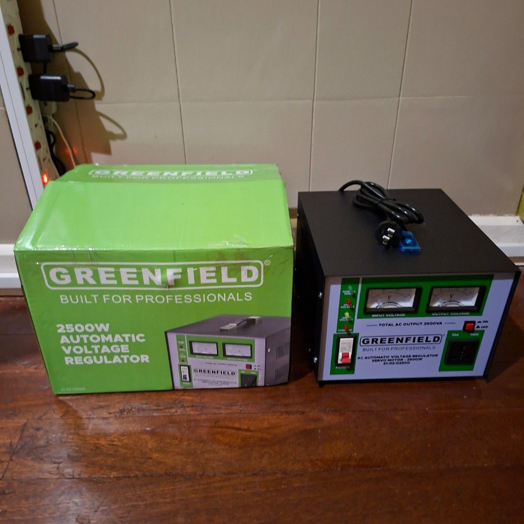 Greenfield 2500W Automatic Voltage Regulator (Category: Electrical, Adaptors & Sockets) located in Pasig City. Submitted by mr.bargaindeal (Listing ID 1455612421, Image 1). Description: - Greenfield 2500W Automatic Voltage Regulator - Professional-grade for stable power supply - Built-in input and output voltage meters - On/off switch with indicator lights - Comes in original packaging.