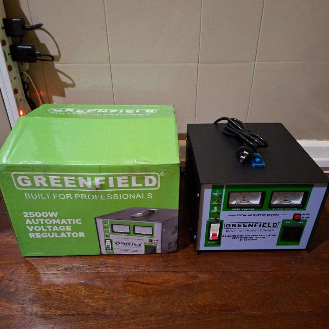 Greenfield 2500W Automatic Voltage Regulator (Category: Electrical, Adaptors & Sockets) located in Pasig City. Submitted by mr.bargaindeal (Listing ID 1455612421, Image 3). Description: - Greenfield 2500W Automatic Voltage Regulator - Professional-grade for stable power supply - Built-in input and output voltage meters - On/off switch with indicator lights - Comes in original packaging.