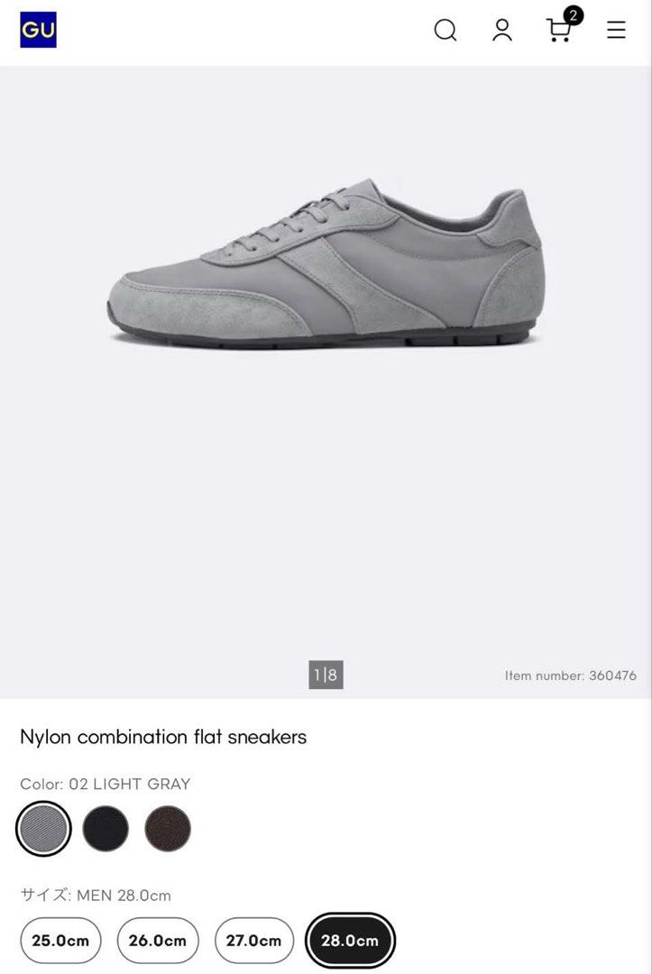 GU Nylon Combination Flat Sneakers Light Grey 28cm (Category: Casual Shoes) located in Manila. Submitted by ttbbkk (Listing ID 1455599507, Image 2). Description: - Brand: GU - Style: Nylon Combination Flat Sneakers - Color: Light Grey - Size: 28cm - Condition: Brand new, never worn - Features: Original tags still attached - Original Price: ¥2,990.