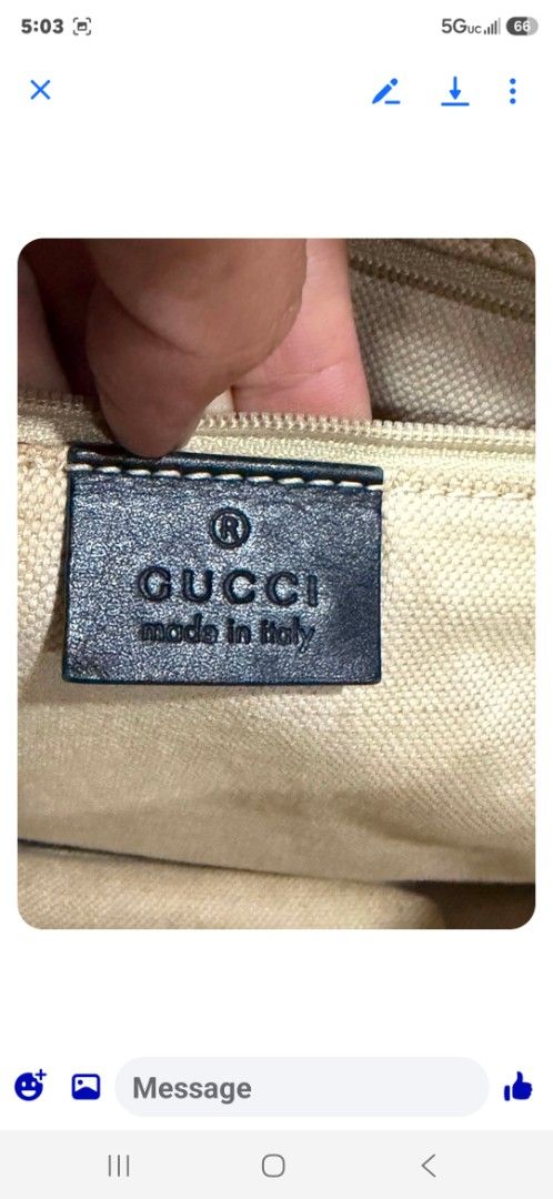 Gucci Diamante Hobo Bag (Category: Luxury Bags & Wallets) located in Aguilar. Submitted by rica040104 (Listing ID 1455555042, Image 2). Description: - Authentic Gucci hobo bag - Beige canvas with signature diamante pattern - Black leather trim and strap - Iconic Gucci GG charm detail - Interior 'Made in Italy' leather tag with serial number - Great everyday bag.