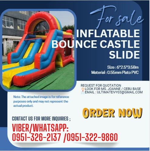 Inflatable Bounce Castle (Category: Occasions & Party Supplies) located in Caloocan City. Submitted by joanna165_ocean (Listing ID 1455546773, Image 1). Description: Size : 6*2.5*3.58m Material : 0.55mm Plato PVC Note: The attached image is for reference purposes only and may not represent the actual product. 📝 : Price subject may change without prior notice. 📝 : Supply pattern Stock/make-to-order Terms Of Payment 💰50% Down payment Upon Proces