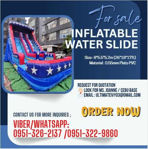 Inflatable Water Slide (Category: Occasions & Party Supplies) located in Caloocan City. Submitted by freefire-bd9c (Listing ID 1455547061, Image 1). Description: Size : 8*5.5*5.2m (26*18*17ft) Material : 0.55mm Plato PVC Note: The attached image is for reference purposes only and may not represent the actual product. 📝 : Price subject may change without prior notice. 📝 : Supply pattern Stock/make-to-order Terms Of Payment 💰50% Down payment Upo