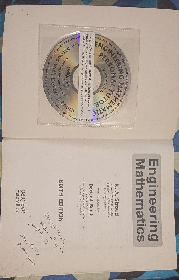 K.A. Stroud Engineering Mathematics Sixth Edition Textbook w/ CD (Category: Textbooks) located in Cebu City. Submitted by cab6n3lez (Listing ID 1455509562, Image 2). Description: - Engineering Mathematics textbook by K.A. Stroud - Sixth Edition - Includes Personal Tutor CD-ROM - Great reference for engineering students - Some handwritten notes inside - Book is in good shape ☆ Decluttering since I already graduated ☆ Can negotiate for lower price.
