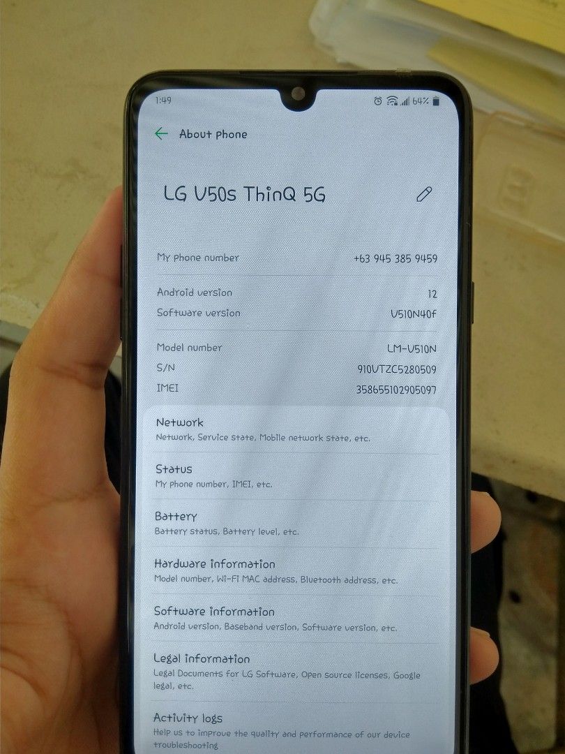 LG V50s ThinQ 5G U+ Variant 8/256GB (Category: LG) located in Manila. Submitted by rare_roneljohn99 (Listing ID 1455533536, Image 2). Description: FOR SALE: LG V50s ThinQ 5G (8GB / 256GB) Quick Specs: • Snapdragon 855 | 8GB RAM | 256GB Storage • 6.4" FHD+ HDR10 OLED Display • 32-bit Hi-Fi Quad DAC audio + DTS:X 3D Surround • 4,000 mAh Battery with 21W Fast Charging + 9W Wireless Charging Condition / Issues: • No Fingerprint sensor (Not working) •