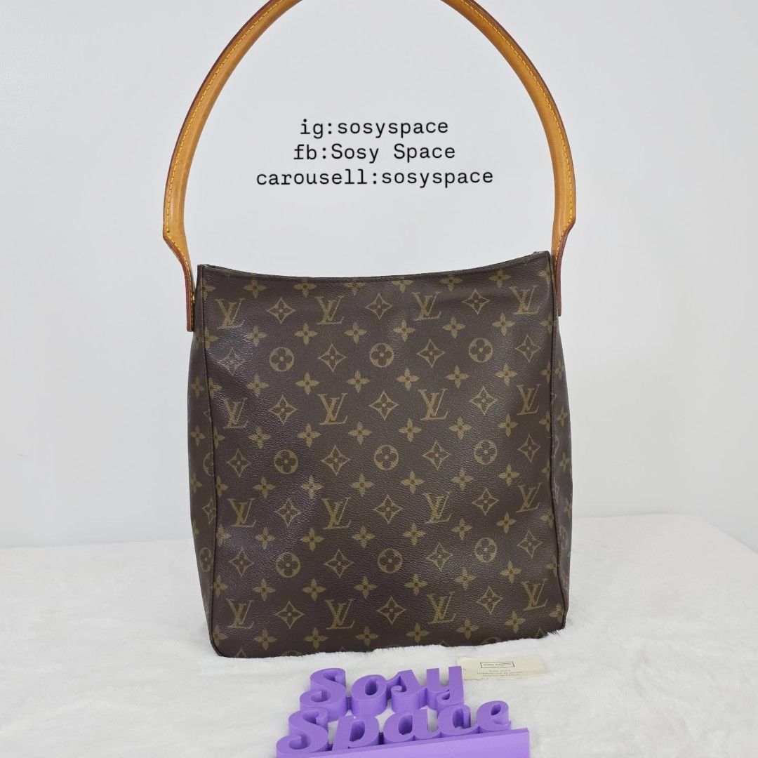 Louis Vuitton Monogram Looping GM Shoulder Bag (Category: Luxury Bags & Wallets) located in Lucena. Submitted by sosyspace (Listing ID 1455580127, Image 1). Description: L. O. U. I. S. V. U. I. T. T. O. N. 08B1P173 Monogram Looping GM Bag Vachetta Leather Shoulder Strap Interior Beige Hue Alcantara Microfiber Lining With One Zippered and One Small Slip Pocket With internal D-ring for keys 28x10x31 cm bag dimensions 25cm bag handle drop Condition: