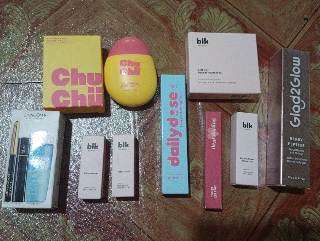 Makeup bundle (Category: Makeup) located in Quezon City. Submitted by janjanrie_2923 (Listing ID 1455530085, Image 1). Description: can be sold individually *chuchu beauty sunscreen( bnew ) -200 *lancome eye set ( bnew ) -200 * blk pillow matte lipstick in taffy and tides- 180 each (swatched) eb daily dose skin tint in shell (light warm) swatched- 150 *etude house dear darling gel tint in 04 plum red swatched - 120 * blk lip and cheek water tint 