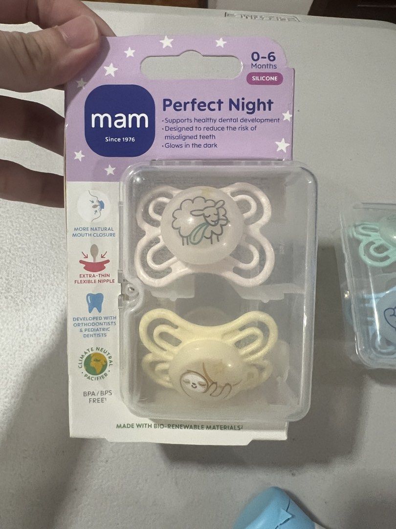 MAM Perfect Night Pacifiers 0–6 Months 🤍 (Category: Baby Toiletries & Grooming) located in Quezon City. Submitted by amandasee21 (Listing ID 1455645848, Image 2). Description: MAM Perfect Night Pacifiers 0–6 Months 🤍 Selling our MAM Perfect Night Silicone Pacifiers, suitable for babies 0–6 months. ✨ 4 pacifiers included ✨ Comes with 2 storage cases ✨ Extra-thin, flexible silicone nipple ✨ Designed to support healthy oral and dental development 