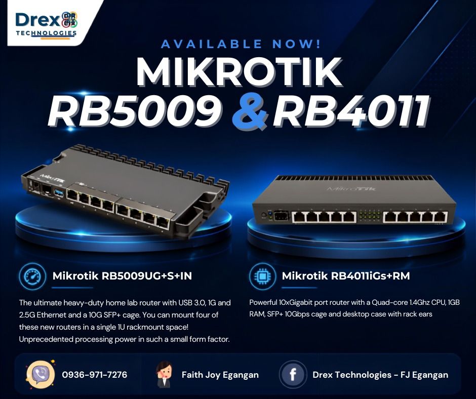 Mikrotik RB4011 & RB5009 (Category: Networking) located in Pasig City. Submitted by fjEgangan (Listing ID 1455557817, Image 1). Description: We have more stocks!! Mikrotik RB4011 & RB5009 ✅️ RB4011iGS-RM ✅️ RB5009UG+S+IN 💯 Brand New 💯 1 year warranty We also have: 🔸️ Fiber Optic Cables and Accessories 🔸️ Data Cabinet / Network Cabinet 🔸️ Utp / Ftp /Sftp Cables 🔸️ Switches and Routers 🔸️ CCTV 🔸️ Access Point 🔸️ Other Structured Cabling co