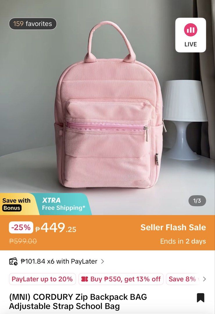 (MNI) Corduroy Zip Backpack Bag Adjustable Strap School Bag (Category: Backpacks) located in Marikina City. Submitted by ms.maam_ (Listing ID 1455524189, Image 1). Description: Cute corduroy backpack, padded and puffy. Features a main zip compartment and front zip pocket. Adjustable straps. Perfect for school or daily use. Unused! Can fit ipad Very spacious rfs: need ng malaki for duty.