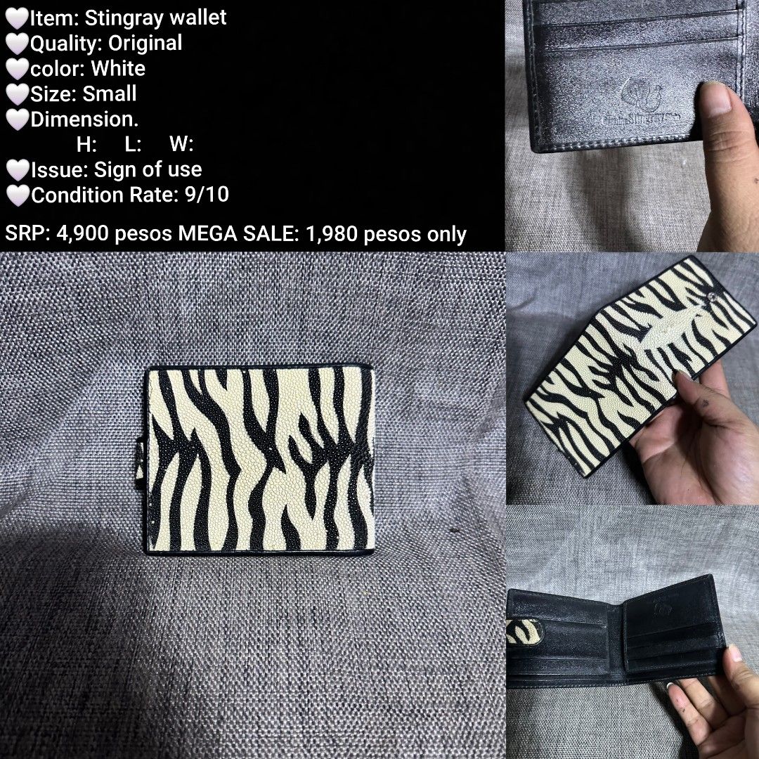 Original Stingray Wallet - Small, White (Category: Wallets & Card holders) located in Manila. Submitted by almonddy26 (Listing ID 1455644393, Image 1). Description: - Authentic stingray wallet - Unique white with zebra-like pattern - Small size - Original price: ₱4,900 - Mega Sale Price: ₱1,980.
