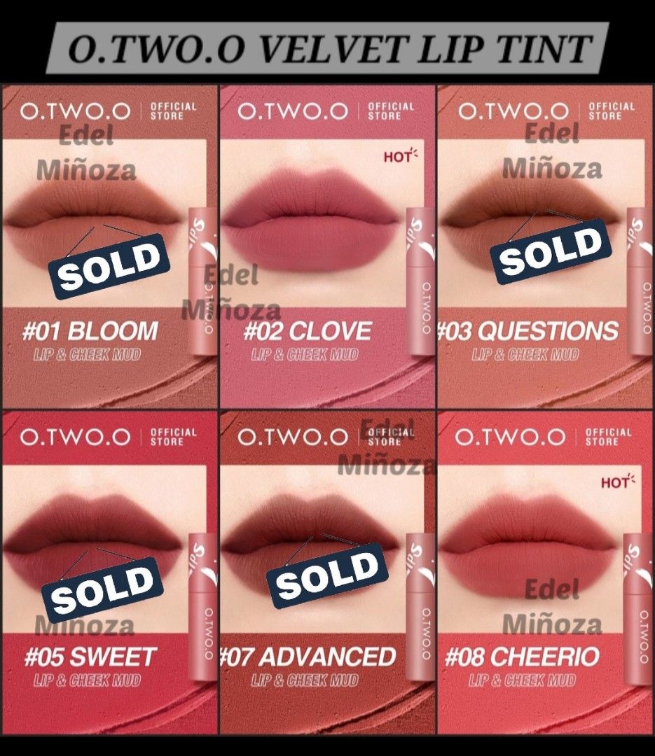O.TWO.O Velvet Lip Tint (Category: Makeup) located in Meycauayan. Submitted by keithy00 (Listing ID 1455549666, Image 1). Description: NOTES: ✔️ For some listing: Mixed sealed, unsealed but never used, BIB and swatched (minimal amount on hand/forearm) RFS: No time for liveselling anymore. I only did liveselling for 1 week with 1 hour each day so almost full pa po. 📍Negotiable pero pass po sa barat 📍MOP: GCash/BDO/GoTyme 📍MOD: Lalamove/J&T *Ava