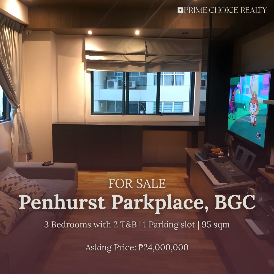 Penhurst Parkplace, BGC (Category: Apartments & Condos) located in Quezon City. Submitted by primechoicerealtyinc (Listing ID 1455565558, Image 1). Description: FOR SALE Prime 3BR Unit in Bonifacio Global City 📍 Penhurst Parkplace, BGC Property Details: • Floor Area: Approx. 95 sqm • 3 Bedrooms • 2 Toilet & Baths • Maid’s Room with Toilet & Bath • 1 Parking Slot Asking Price: ₱24,000,000 A great opportunity to own a spacious 3-bedroom residence 