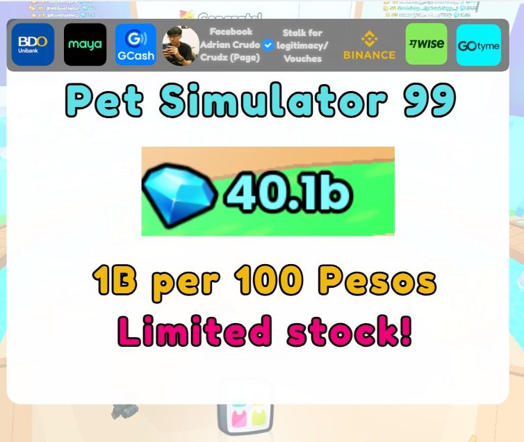 Pet Simulator 99 Gems (Category: In-Game Products) located in Imus. Submitted by fieol (Listing ID 1455644941, Image 1). Description: .