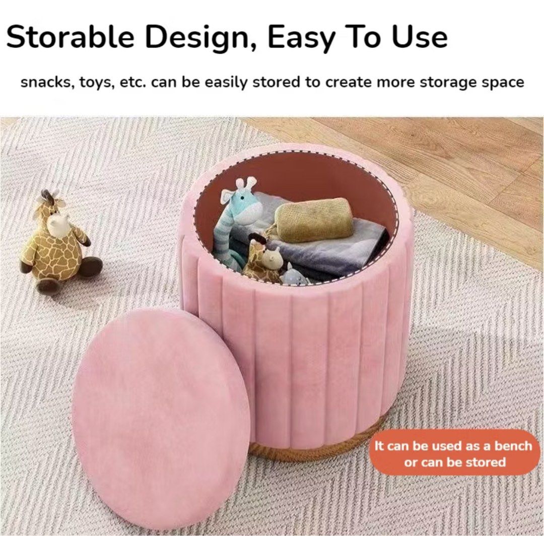 Pink Storage Stool Chair (Category: Chairs) located in Pasig City. Submitted by ruthmari (Listing ID 1455638777, Image 1). Description: Pink Stool chair with storage inside. Lightly used just kept under my table. Sturdy, can stand on it. Fits a lot of stuff. Flaw: last pic shows a slight bend it's really not obvious but it came to me that way. Grab / Lalamove shouldered by buyer .