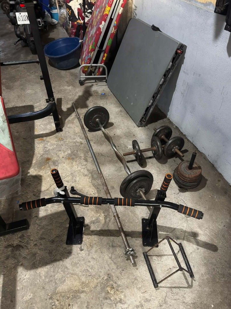 Pre used gym equipment (Category: Weights & Dumbbells) located in Rizal. Submitted by florenciocanoy62 (Listing ID 1455516062, Image 1). Description: bench can do -squat -flat -decline -incline -bicep -legs long bar curl bar dumbells 2-20 plb 8-10 plbs 4-5plbs 1-pull up hanger 1-rowing handle (diy made) call me. 09958854901.