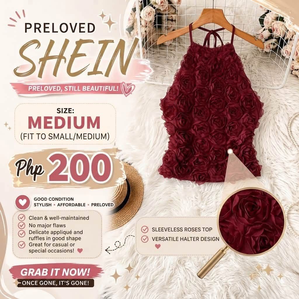 Preloved SHEIN Sleeveless Roses Halter Top - Medium (Category: Sleeveless) located in Caloocan City. Submitted by mayvelcereno_ (Listing ID 1455504306, Image 1). Description: - Preloved SHEIN top - Beautiful maroon color - Sleeveless design - Versatile halter neck - Delicate appliqué roses all over - Clean and well-maintained, no major flaws - Great for casual outings or special occasions.