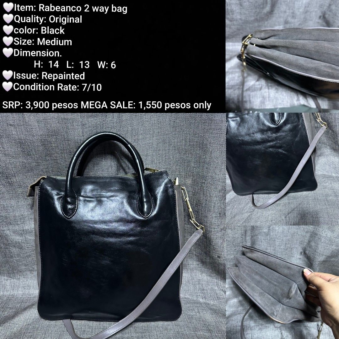 Rabeanco 2 Way Bag - Black Medium (Category: Luxury Bags & Wallets) located in Manila. Submitted by almonddy26 (Listing ID 1455642437, Image 1). Description: - Authentic Rabeanco 2-way bag - Color: Black - Size: Medium - Dimensions: H: 14cm, L: 13cm, W: 6cm - Condition: 7/10 (Repainted) - Original SRP: PHP 3,900 - MEGA SALE Price: PHP 1,550 only!.
