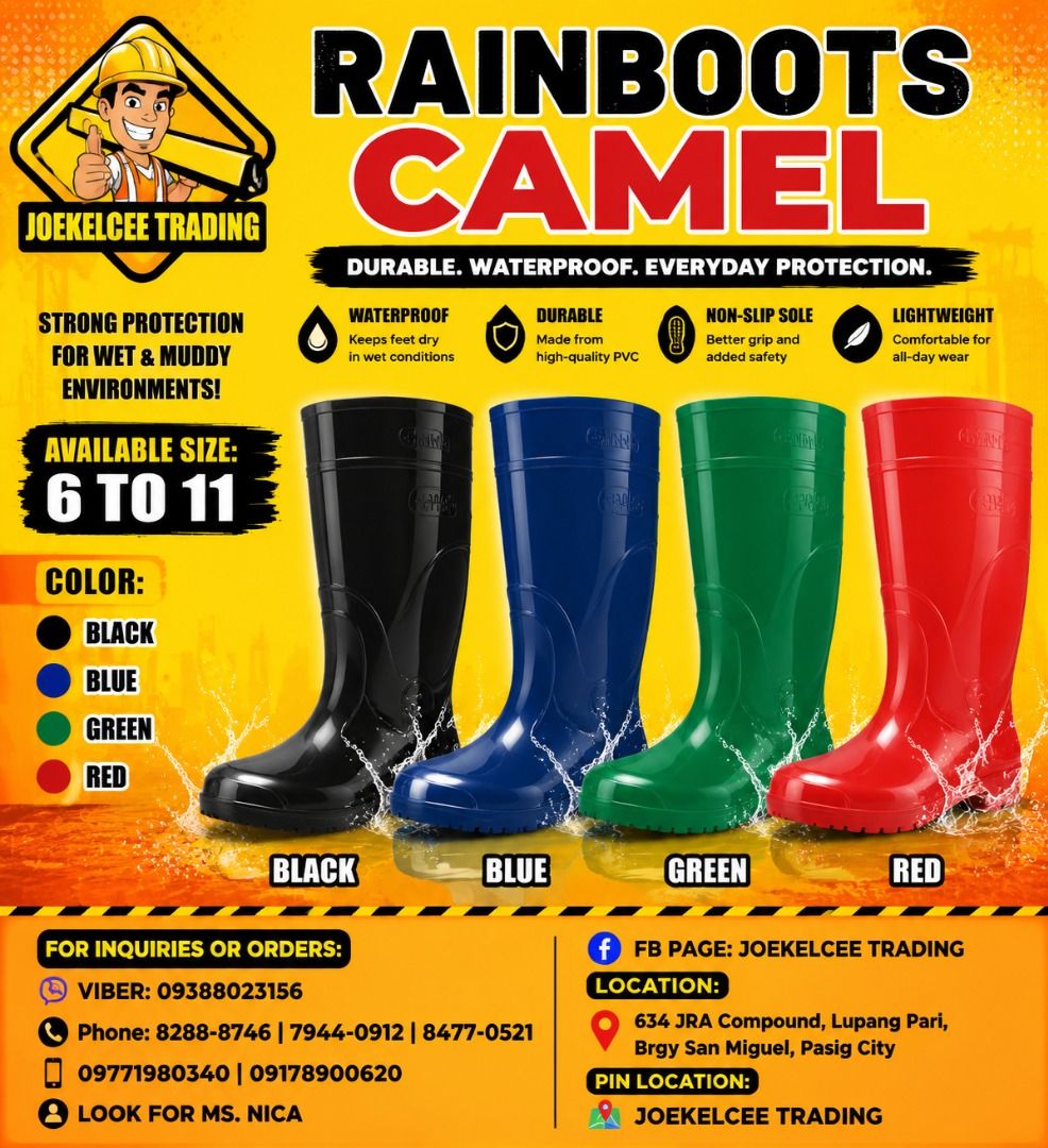 RAINBOOTS CAMEL (Category: Coats, Jackets and Outerwear) located in Caloocan City. Submitted by Raincoat_supplier2020 (Listing ID 1455512798, Image 1). Description: • JOEKELCEE TRADING • • SON & JOE SAFETY GEARS TRADING • • 🏭 Direct Supplier & Manufacturer • 💰 Lowest Price in the Market • 🚚 Fast Delivery • 💬 Free Quotation Available 💯 % Legit Dealer supplier 💯 % guaranteed heavyduty 💯 % nature lover products ALSO AVAILABLE: TRASH BIN PLAST