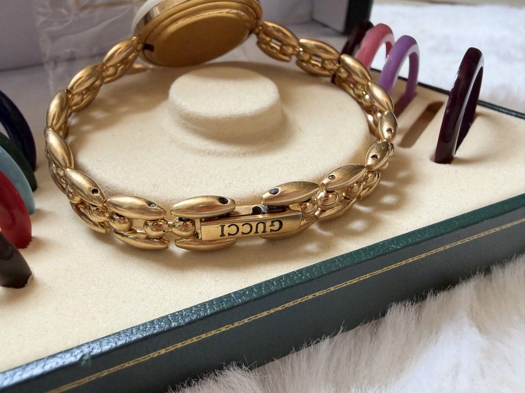 RARE GUCCI WATCH BRACELET RICE LINK (Category: Luxury Watches) located in Cagayan de Oro. Submitted by moiobsession (Listing ID 1455629805, Image 3). Description: Gucci G-Timeless Interchangeable Bezel Quartz ⌚✨ A beautiful and collectible Gucci G-Timeless Interchangeable Bezel Quartz Watch, in excellent working condition. ✨ Comes with: • Original box • Complete set of colorful interchangeable bezels • Rare gold bezel • Extra links included — sui
