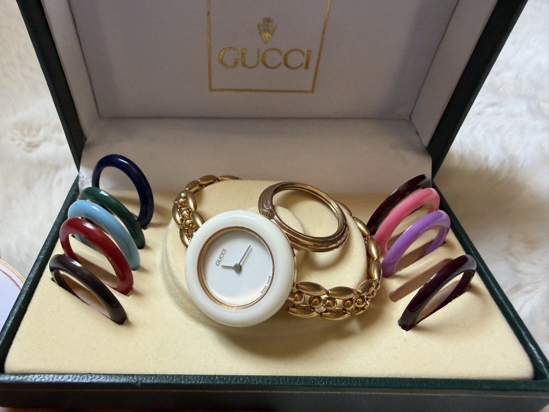 RARE GUCCI WATCH BRACELET RICE LINK (Category: Luxury Watches) located in Cagayan de Oro. Submitted by moiobsession (Listing ID 1455629805, Image 1). Description: Gucci G-Timeless Interchangeable Bezel Quartz ⌚✨ A beautiful and collectible Gucci G-Timeless Interchangeable Bezel Quartz Watch, in excellent working condition. ✨ Comes with: • Original box • Complete set of colorful interchangeable bezels • Rare gold bezel • Extra links included — sui