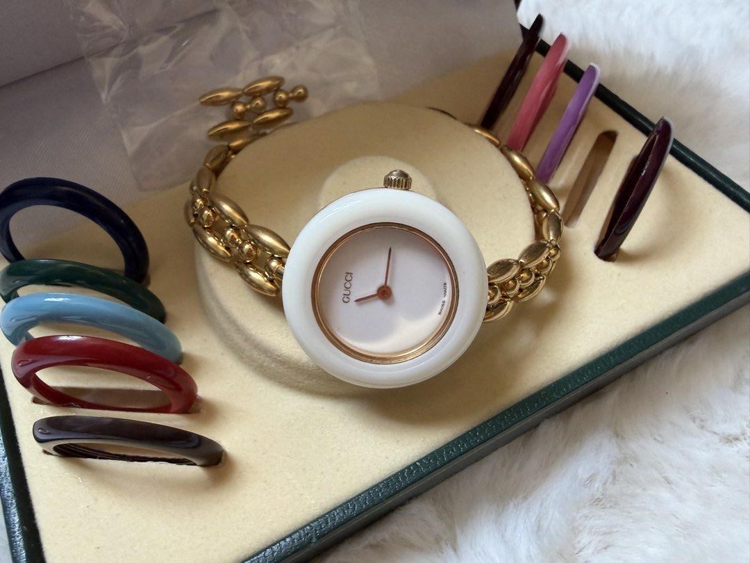 RARE GUCCI WATCH BRACELET RICE LINK (Category: Luxury Watches) located in Cagayan de Oro. Submitted by moiobsession (Listing ID 1455629805, Image 2). Description: Gucci G-Timeless Interchangeable Bezel Quartz ⌚✨ A beautiful and collectible Gucci G-Timeless Interchangeable Bezel Quartz Watch, in excellent working condition. ✨ Comes with: • Original box • Complete set of colorful interchangeable bezels • Rare gold bezel • Extra links included — sui