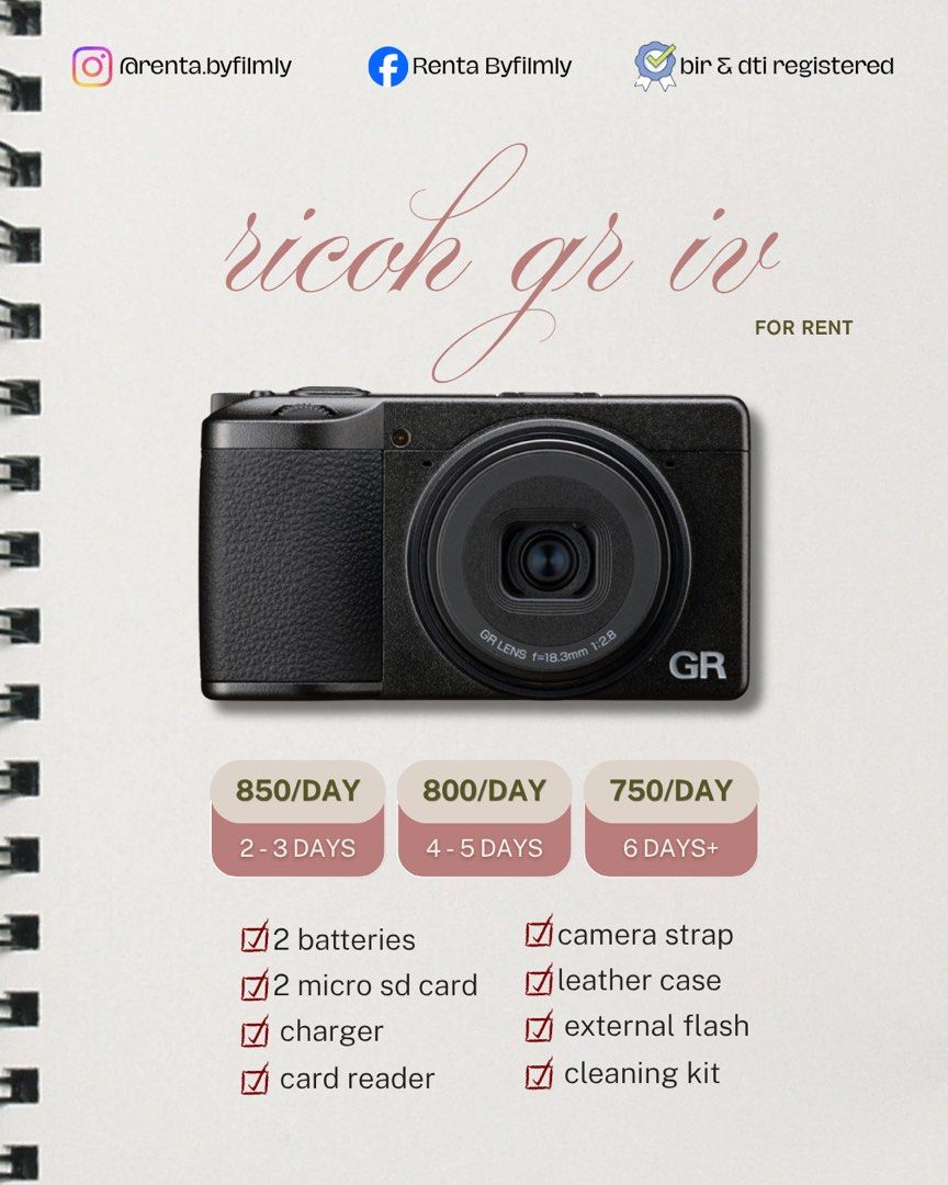 Ricoh Gr IV For Rent (Category: Cameras) located in Pasig City. Submitted by byfilmly.ph (Listing ID 1455534308, Image 1). Description: 📍 greenwoods,cainta 📅 calendar basis rental not 24hrs 1-day rental: 7:00 am – 10:00 pm (same day) 2 days or more: pickup starts at 7:00 am, return before 10:00 pm on the last day early pickup available (+₱100), subject to availability ✔️ bir & dti registered 🚚 delivery or self pick up only ( no meet up).