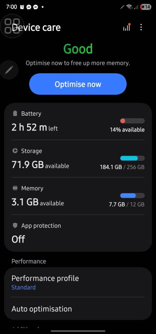 Samsung Galaxy S23 Ultra 5G (Category: Samsung) located in Butuan. Submitted by celz2015 (Listing ID 1455671585, Image 2). Description: - Samsung Galaxy S23 Ultra - Storage: 256 GB - Memory: 12 GB - Battery life: Approximately 2 hours 52 minutes remaining - Device Care status: 'Good' - 'Optimise now' button available - Selling as is.