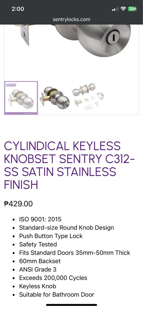 Sentry C312 SS Satin Stainless Privacy Lockset (Category: Locks, Doors & Gates) located in Manila. Submitted by kking0328 (Listing ID 1455545967, Image 3). Description: 200 fix New : Na doble bili sa wilcon - Sentry C312 SS Bathroom Lockset - Finish: Satin Stainless Steel - Type: Keyless Privacy Lock - Door Thickness: Fits 35mm to 50mm doors - Backset: 60mm - Durability: ANSI Grade 3 rated for 200,000 cycles - Installation: Instructions included 