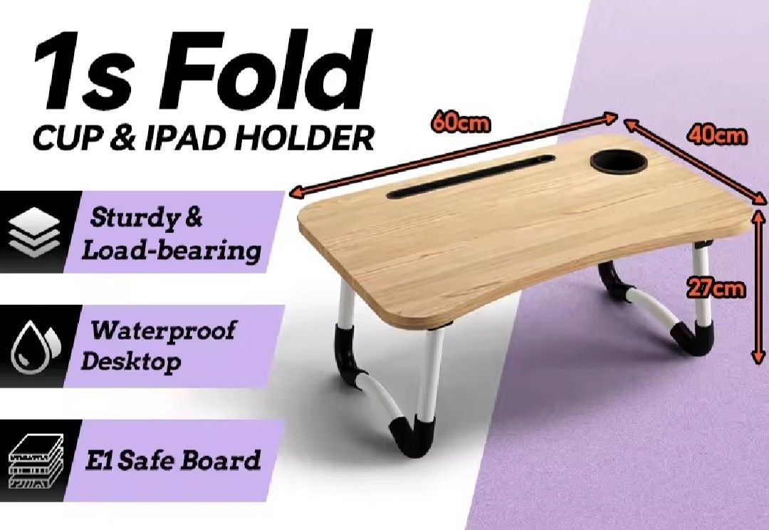 Study table foldable (Category: Other Home Furniture) located in Manila. Submitted by fastrabbit.869d2d (Listing ID 1455658237, Image 2). Description: - Foldable study table for easy storage and portability. - Features a built-in holder for your iPad or tablet or laptop. - Includes a convenient cup holder to prevent spills. - Sturdy and load-bearing design for stability. - Waterproof desktop for easy cleaning. - Made with E1 safe board material. 