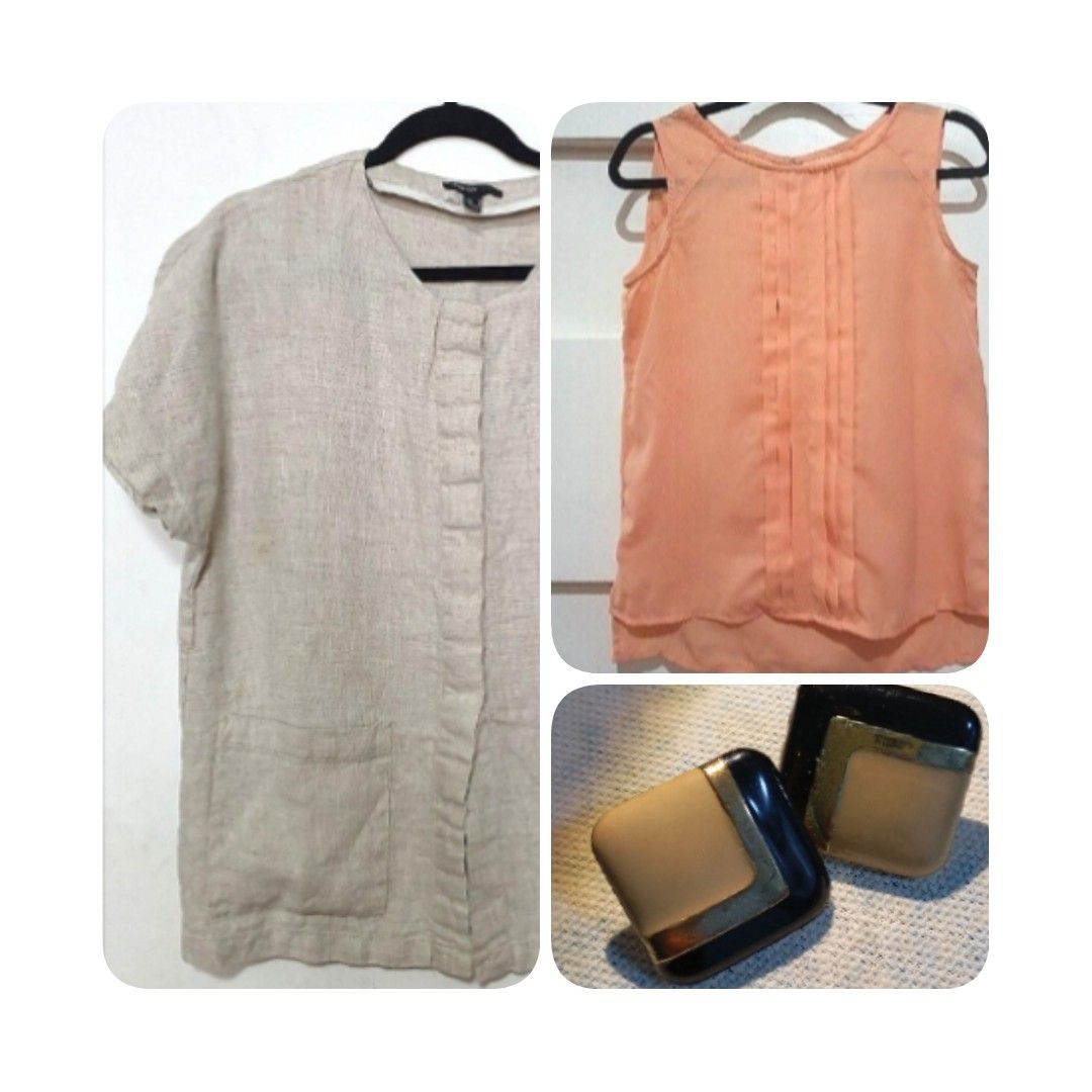 TAKE ALL: SUITE BLANCO & MANGO BLOUSES + F21 EARRINGS (Category: Earrings) located in Makati City. Submitted by fr_lll (Listing ID 1455603345, Image 1). Description: TAKE ALL: SUITE BLANCO & MANGO BLOUSES + F21 EARRINGS SUITE BLANCO Sleeveless Blouse Brand : Suite Blanco Size : Small Color : Light orange, close to peach Style : Sleeveless, Round Neck Condition : Used 1x only. In very good condition. MANGO BROWN BLOUSE - Store bought - Medium - Pr
