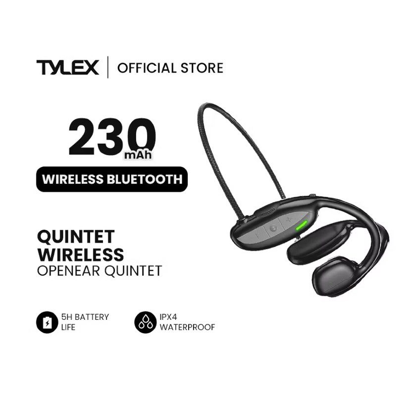 TYLEX Quintet Wireless Openear Bluetooth Headphones (Category: Headphones & Headsets) located in Balanga. Submitted by d1038381 (Listing ID 1455628081, Image 1). Description: - TYLEX Quintet Wireless Headphones - Bluetooth connectivity - 230mAh battery for 5 hours playtime - IPX4 waterproof rating - Comfortable open-ear design - Ideal for workouts and daily use.