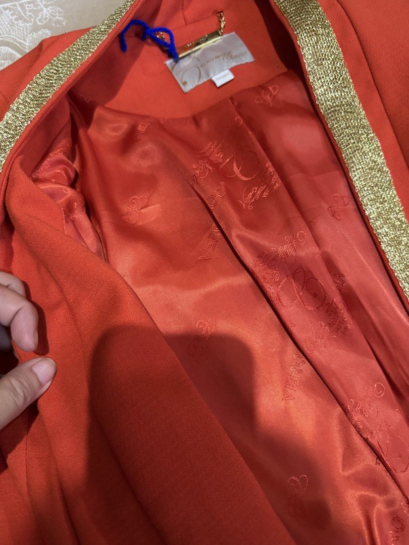 Vera Moda Orange Blazer with Gold Detail (Category: Coats, Jackets and Outerwear) located in Makati City. Submitted by _matildoll_ (Listing ID 1455673676, Image 3). Description: Never worn Original Still with tag Decluttering- I have around 40 blazers I got from thrifting around the world 😭 Up to 32 bust .
