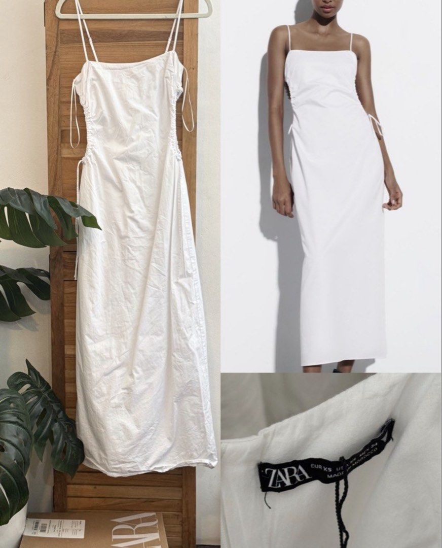 Zara White Ruched Side Midi Dress (Category: Dresses) located in Binan City. Submitted by sunsetmargarita (Listing ID 1455513240, Image 1). Description: XS Brandnew without tags.