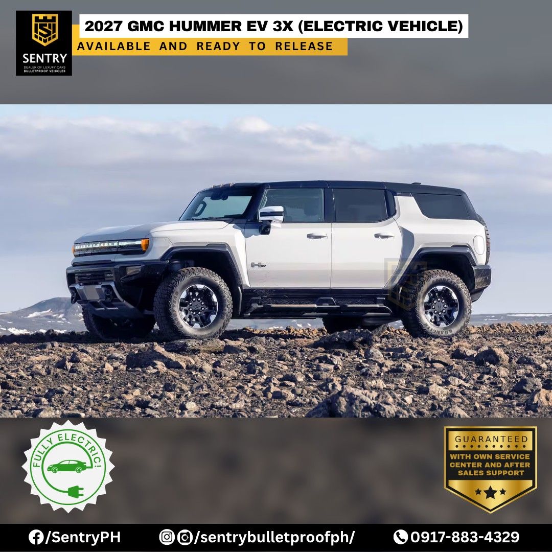 2027 GMC Hummer EV 3X 4x4 Auto (Category: New Cars) located in Quezon City. Submitted by sentrybulletproofph (Listing ID 1455818370, Image 1). Description: 🆕 𝗕𝗥𝗔𝗡𝗗 𝗡𝗘𝗪 2027 Hummer EV 3X SUV - ‼ MESSAGE US NOW ‼ For Inquiries Contact us at: 📲0917-883-4329 (Globe) - Unit Specifications: • 314 miles of electric range available • Horsepower: 830 hp • Torque: 11,500 lb-ft • Crabwalk™ • Ultravision • Air Ride Adaptive Suspension • Bose 14-spe