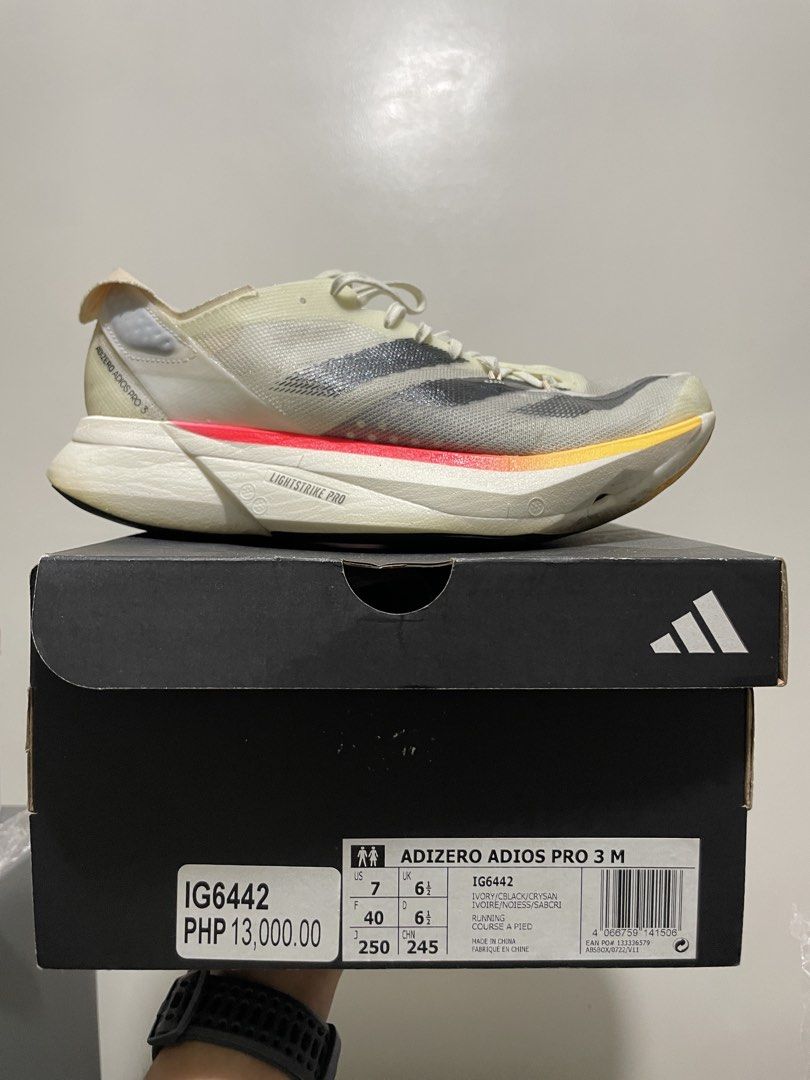 Adidas Adizero Adios Pro 3 (Category: Sneakers) located in Manila. Submitted by _cennnn (Listing ID 1455689137, Image 2). Description: - Adidas Adizero Adios Pro 3 M - Size: 7 US / 6.5 UK / 245 JP - Colorway: IG6442 - Features Lightstrike Pro cushioning for superior performance - Ideal for your running sessions - Comes with the original box.