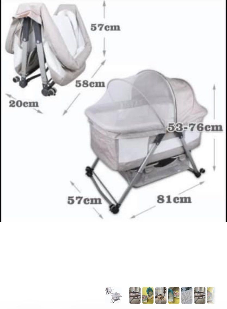 Adjustable Baby Bassinet with Wheels and Mosquito Net (Category: Cots & Cribs) located in Paranaque City. Submitted by shopwhattinaloves (Listing ID 1455812295, Image 2). Description: - Portable baby bassinet for easy transport - Adjustable height from 53cm to 76cm - Folds down to a compact 20cm for convenient storage - Built-in wheels for effortless mobility - Comes with a mosquito net for added protection - Perfect for keeping your baby close b
