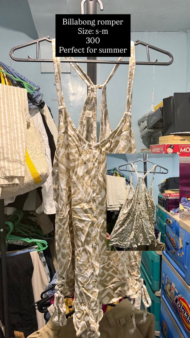 Billabong Romper Size S-M (Category: Rompers) located in Manila. Submitted by clairedeee (Listing ID 1455682736, Image 1). Description: - Billabong romper - Size: S-M - Color: Tan and white abstract print - Style: Racerback - Features: Ruched sides with drawstring detail - Fabric: Lightweight and breezy - Occasion: Perfect for summer days out.