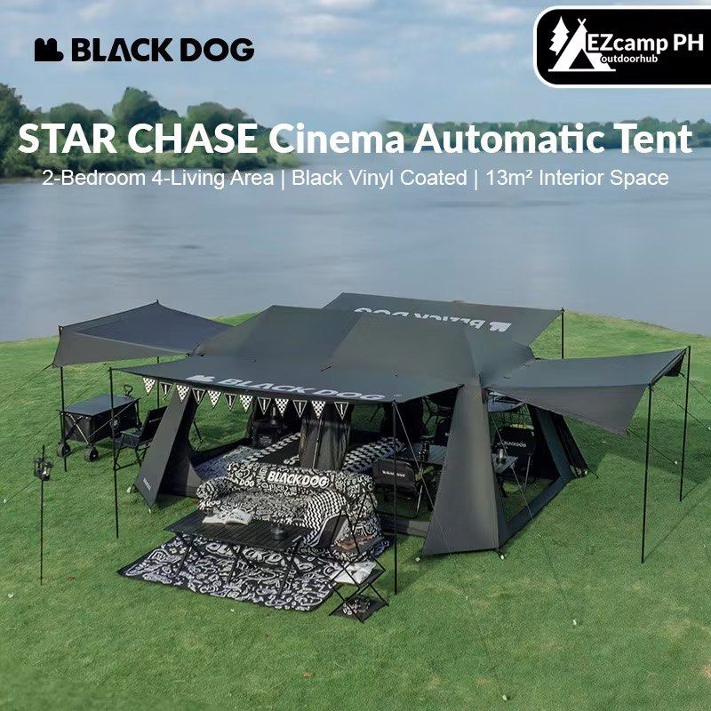 BLACK DOG STAR CHASE Cinema Automatic Tent (Category: Hiking & Camping) located in Pasig City. Submitted by vookay (Listing ID 1455751278, Image 3). Description: BRAND NEW BLACK DOG STAR CHASE Cinema Automatic Tent Price: 18k, nego for sure buyer SRP: 24k Unli check for sure buyer, Las Piñas loc - Configuration: 2 Bedrooms, 1 Living Area - Interior Space: 13m² - Special Feature: Black Vinyl Coating - Waterproof Index: PU8000 - Sun Protection: UPF