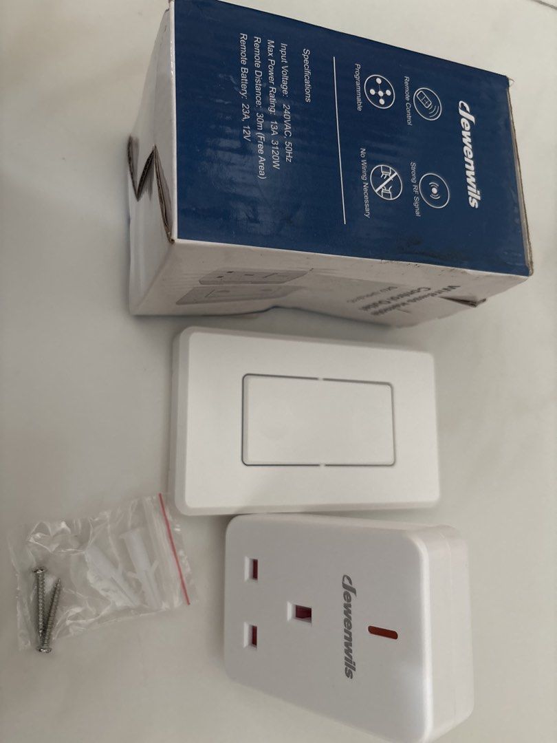 Dewenwils Remote Control Socket & Switch Set (Category: Electrical, Adaptors & Sockets) located in Singapore. Submitted by zireel (Listing ID 1455766580, Image 1). Description: - Dewenwils Remote Control Socket & Switch Set - Easy setup, no wiring required - Wireless range up to 30m (clear area) - Max Power: 13A / 3120W - Input: 240VAC, 50Hz - Programmable with strong RF signal - Screws and wall plugs included for mounting.