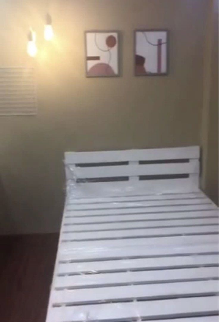 Double Size Wooden Bed Frame (White, Palochina) (Category: Bed Frames & Mattresses) located in Quezon City. Submitted by shironoda (Listing ID 1455844164, Image 2). Description: RUSH SALE! USED: White palochina double-sized bedframe only 48”x75” For pickup/delivery from Talipapa, Quezon City.