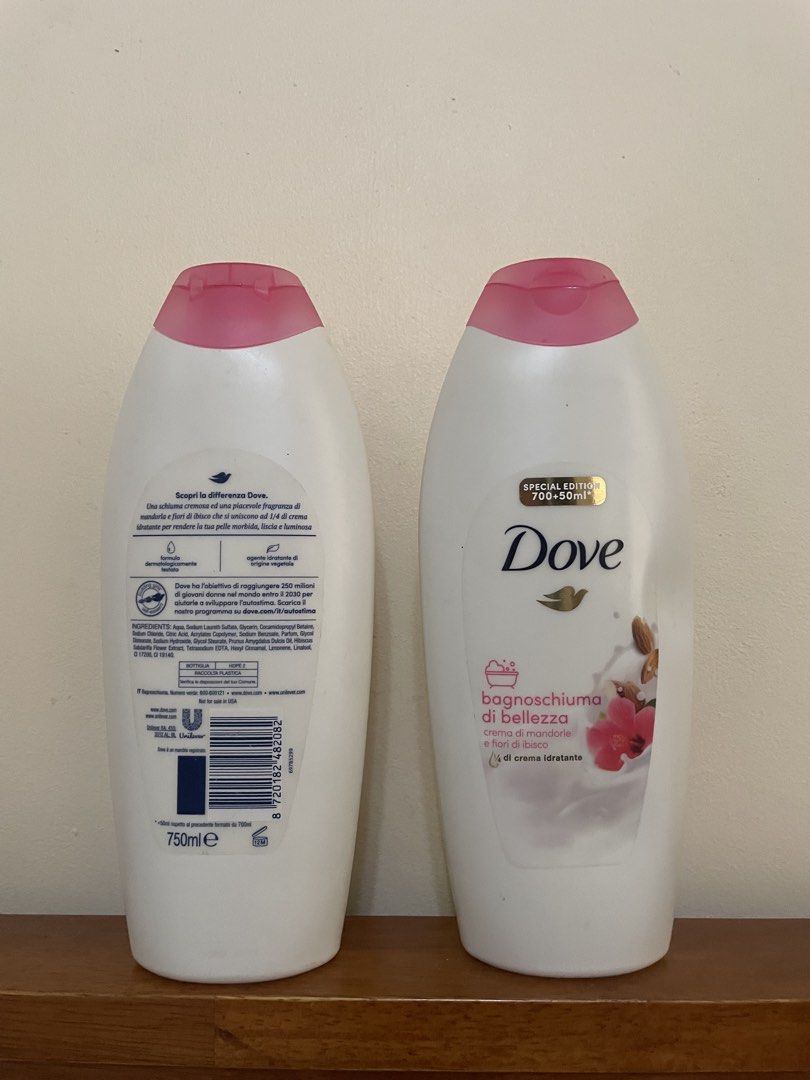 Dove Shower Gel - 700ml + 50ml Special Edition (Category: Bath) located in Quezon City. Submitted by lianas_preloved (Listing ID 1455772429, Image 1). Description: - Two (2) bottles of Dove Shower Gel - Special Edition: Almond & Hibiscus scent - Special Edition: Silk & Fragrance scent - Generous size: 700ml + 50ml per bottle - Ideal for everyday bathing and pampering.