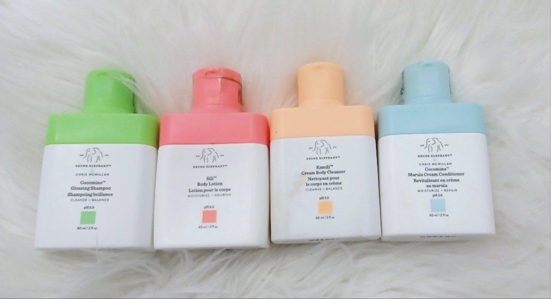 Drunk elephant per piece (Category: Face Care) located in San Juan City. Submitted by cashfrancefashioncosmetics_ph (Listing ID 1455687303, Image 1). Description: PER PIECE - Cocomino Glossing Shampoo Ph 5.5 - 60ml - Sili Body Lotion Ph 4.2 - 60ml - Kamili Cream Body Cleanser Ph 5.0 - 60ml - Cocomino Marula Cream Conditioner Ph 3.6 - 60ml Box 5.