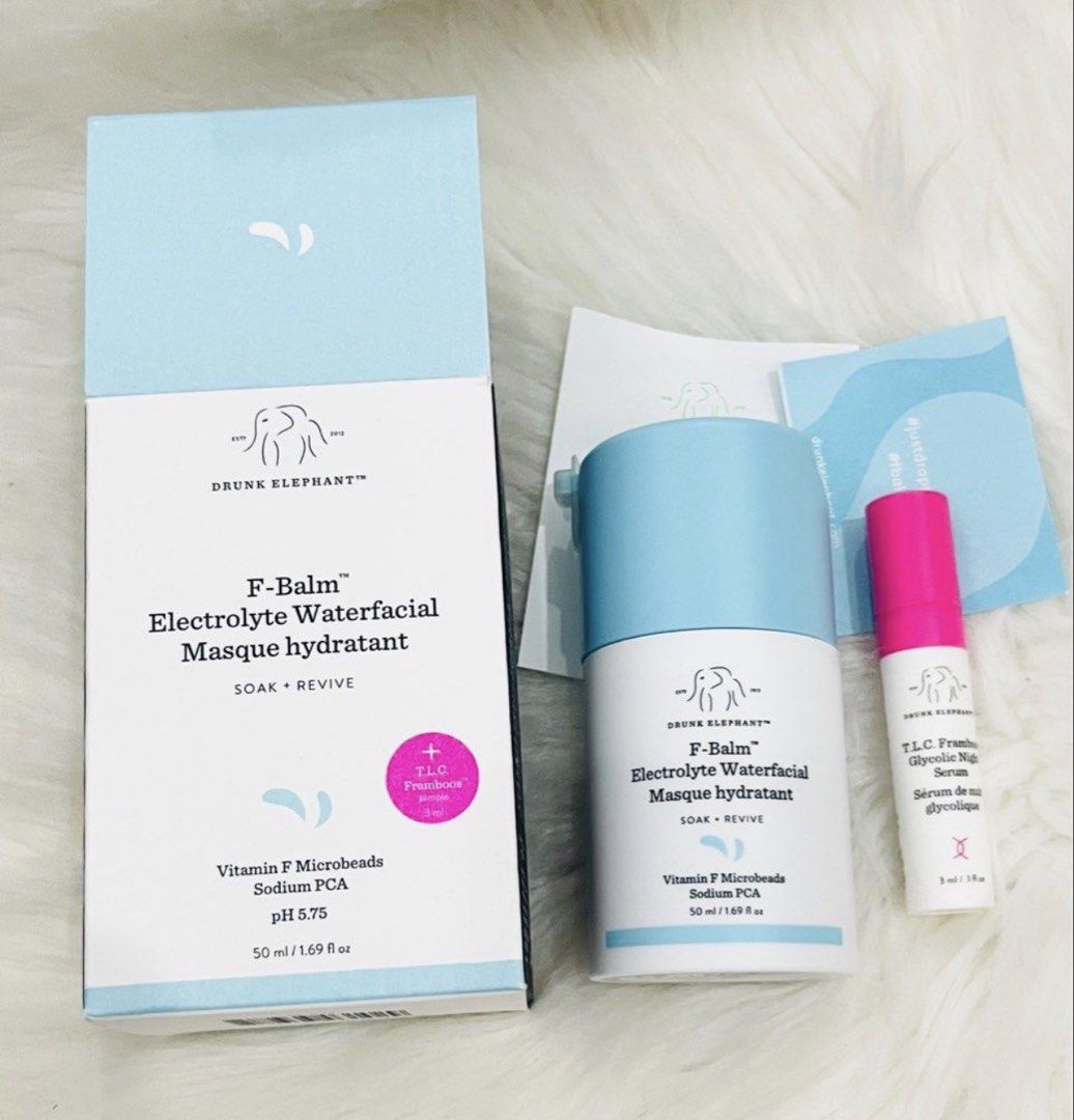 Drunk elephant set (Category: Face Care) located in San Juan City. Submitted by cashfrancefashioncosmetics_ph (Listing ID 1455690601, Image 1). Description: DRUNK ELEPHANT F-BALM ELECTROLYTE WATERFACIAL SET INCLUDING F-BALM ELECTROLYTEWATERFACIAL 50ml HOW TO USE Apply 4-5 pumps of F-Balm™ as the last step in your nighttime routine. May be worn as an overnight mask. Also can be layered over Virgin Marula Oil for an extra shot of absorbable moistur