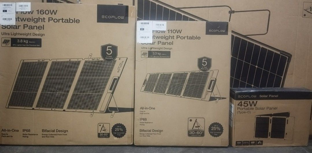 ECOFLOW Portable Solar Panels - 160W, 110W (Category: Batteries & Power Banks) located in Navotas City. Submitted by nallhaemsti (Listing ID 1455852425, Image 1). Description: - Set of 3 ECOFLOW portable solar panels: 160W, 110W, and 45W - Ultra-lightweight and easy to pack for travel - IP68 water-resistant for durability in any weather - Bifacial design collects energy from both sides - Ideal for camping, RVs, and off-grid power solutions - 5-ye