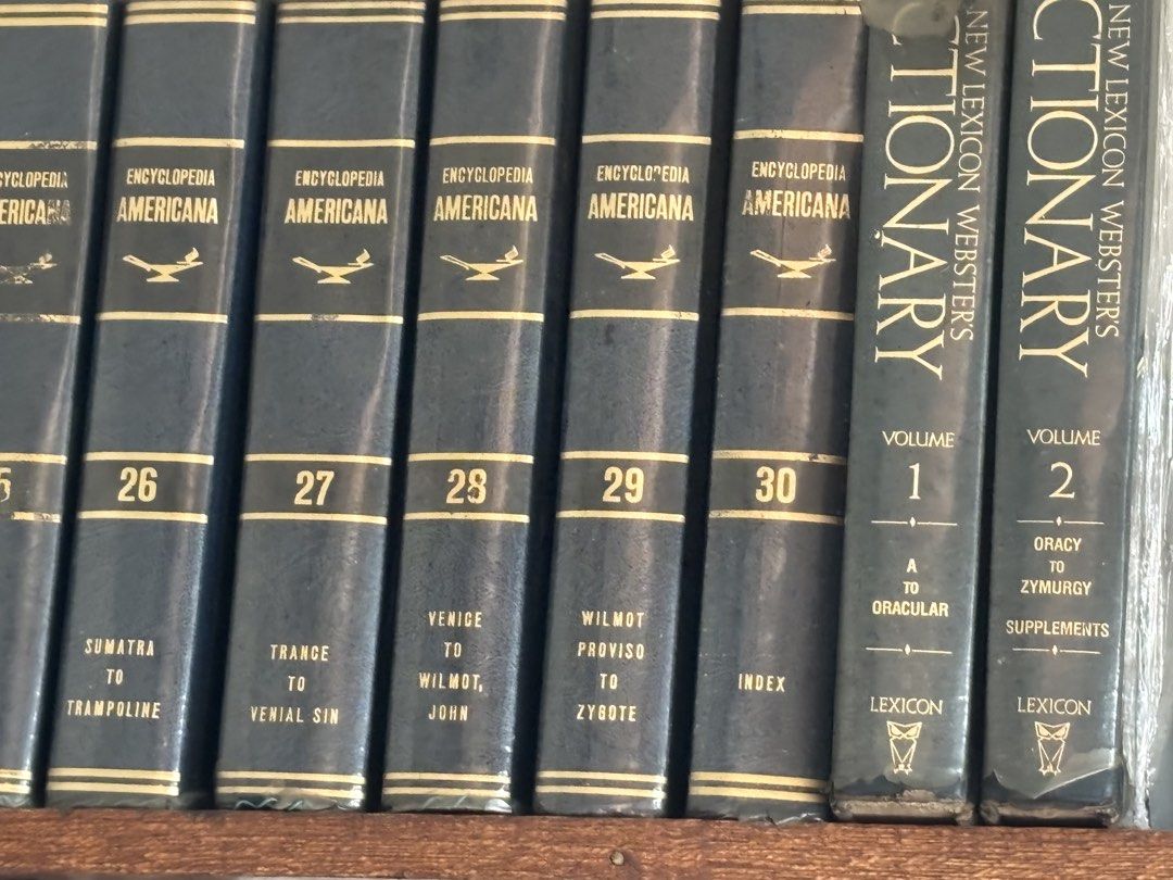 Encyclopedia Americana Volumes 1-30 + Webster's Dictionary (Category: Textbooks) located in Batangas. Submitted by jesvillareal (Listing ID 1455686270, Image 2). Description: - Complete set of Encyclopedia Americana (Volumes 1-30) - Includes Webster's New Lexicon Dictionary (Volumes 1-2) - Dark blue covers with gold lettering - Books show some wear on spines - Pages are clean and well-preserved - Ideal reference set for home, library, or research