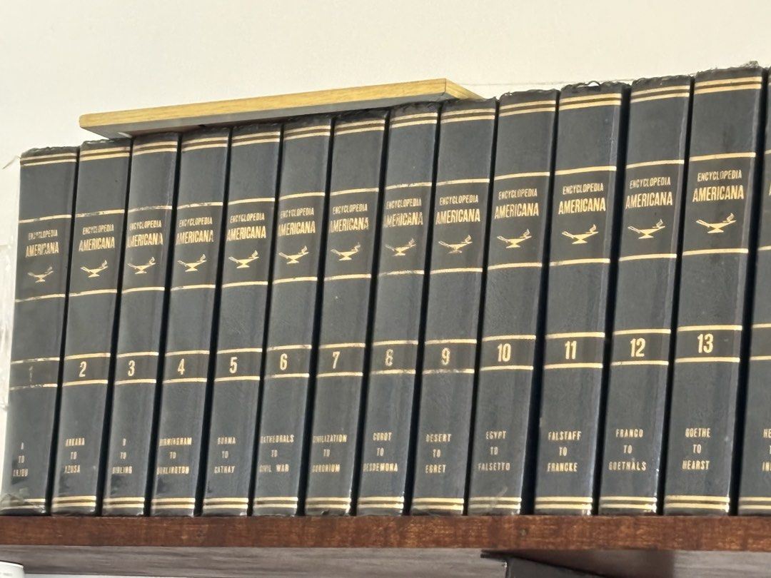 Encyclopedia Americana Volumes 1-30 + Webster's Dictionary (Category: Textbooks) located in Batangas. Submitted by jesvillareal (Listing ID 1455686270, Image 1). Description: - Complete set of Encyclopedia Americana (Volumes 1-30) - Includes Webster's New Lexicon Dictionary (Volumes 1-2) - Dark blue covers with gold lettering - Books show some wear on spines - Pages are clean and well-preserved - Ideal reference set for home, library, or research