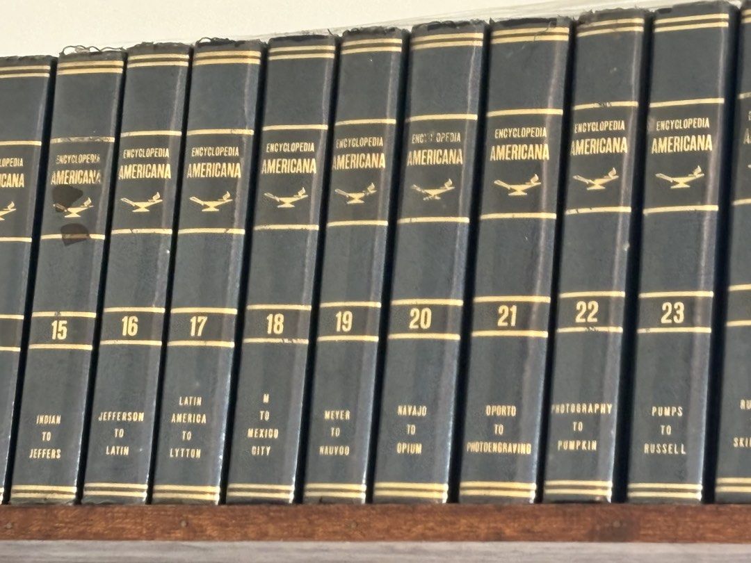Encyclopedia Americana Volumes 1-30 + Webster's Dictionary (Category: Textbooks) located in Batangas. Submitted by jesvillareal (Listing ID 1455686270, Image 3). Description: - Complete set of Encyclopedia Americana (Volumes 1-30) - Includes Webster's New Lexicon Dictionary (Volumes 1-2) - Dark blue covers with gold lettering - Books show some wear on spines - Pages are clean and well-preserved - Ideal reference set for home, library, or research