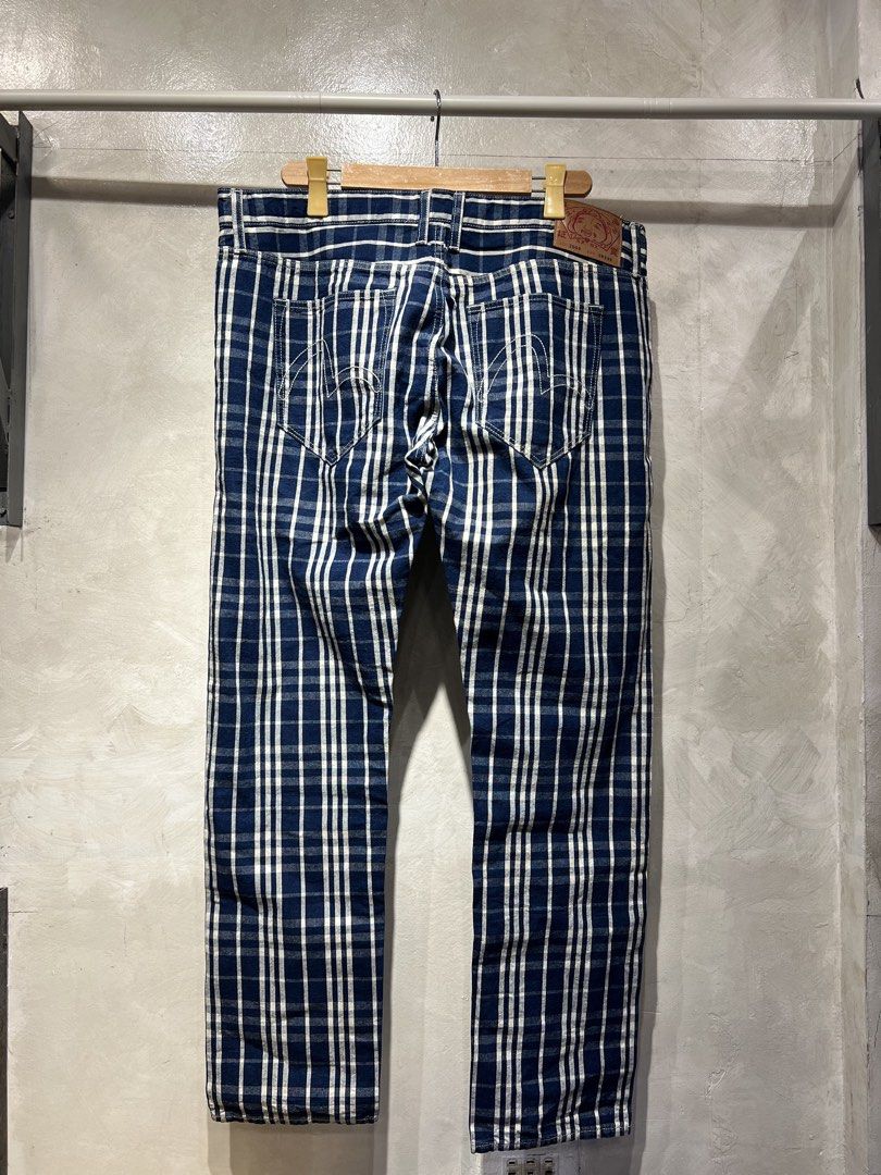 Evisu Seagull All-over indigo & white plaid check pattern (Category: Jeans) located in Manila. Submitted by -handpick- (Listing ID 1455765047, Image 1). Description: The selected region features a rare pair of vintage Evisu Lot 2009 denim jeans. Distinctive all-over indigo and white plaid/grid check pattern. Classic straight-leg silhouette with traditional five-pocket construction. Features the iconic tonal stitched “Seagull” logo on both back po