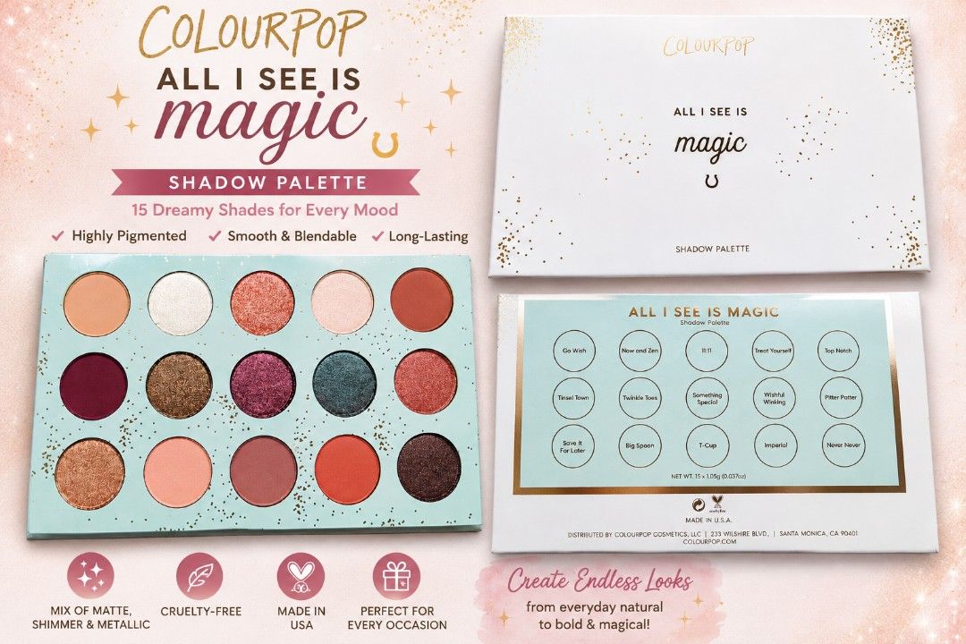 EyeShadow Pallet For Sale! 🩷 (Category: Makeup) located in Kawit. Submitted by issantos1996 (Listing ID 1455677611, Image 1). Description: - ColourPop All I See Is Magic Eyeshadow Palette - 15 dreamy, highly pigmented shades - Smooth and blendable formula - Long-lasting wear for all-day looks - Versatile finishes: matte, shimmer, and metallic - Perfect for everyday natural to bold, magical looks - Cruelty-free and made in the USA.