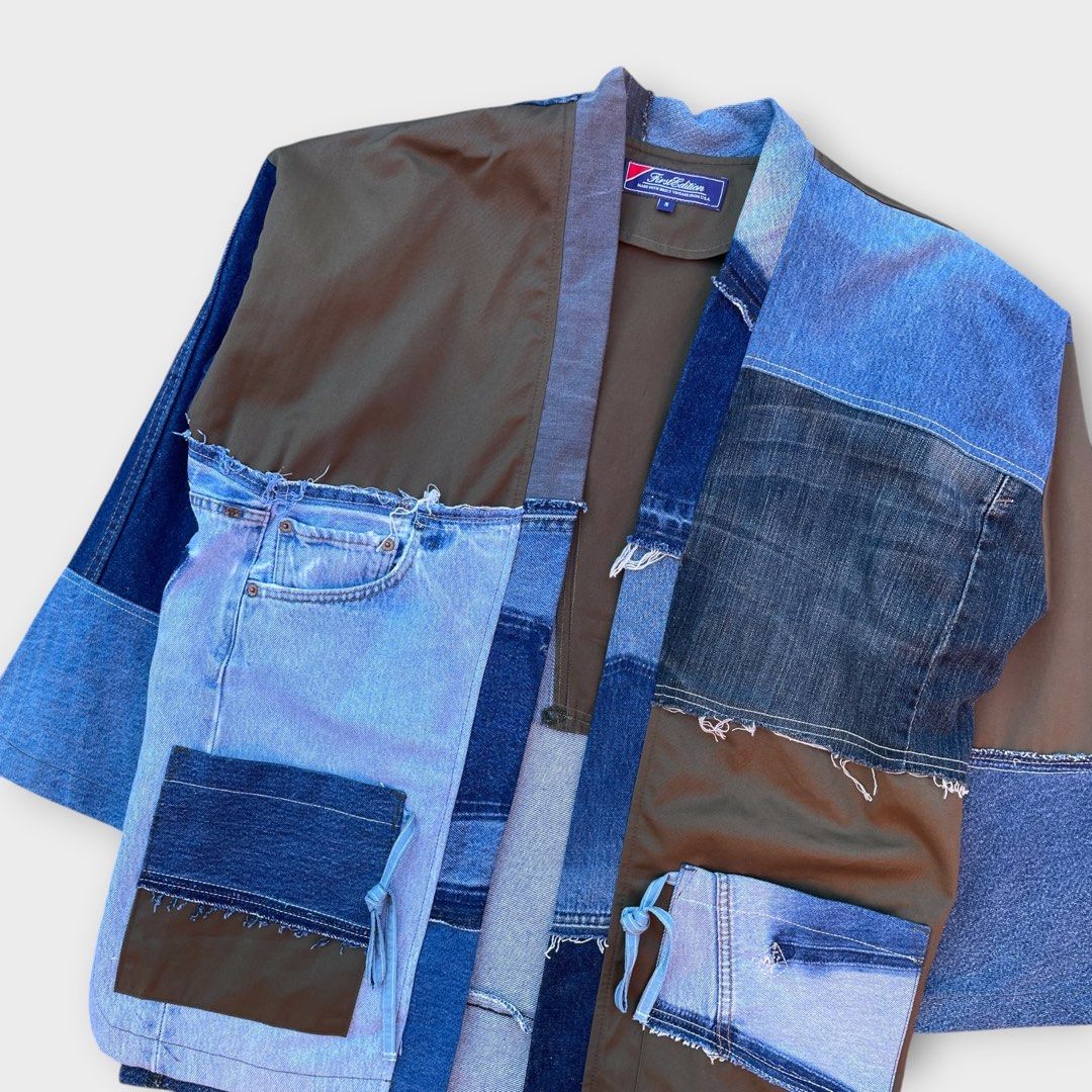 First Edition - Patchwork Denim Kimono Jacket Oversized (Category: Coats, Jackets and Outerwear) located in Los Banos. Submitted by declutterking (Listing ID 1455849423, Image 2). Description: Size Small on tag • fits up to L-XL • patchwork design Dimensions: 24.25" shoulders 24.5" chest 30" length 19" sleeves Good as new condition Authentic.